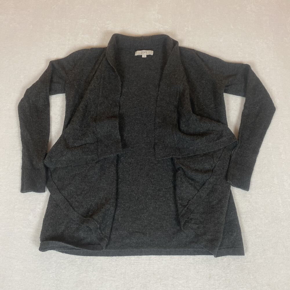LOFT Open Front Cardigan Sweater Gray Soft Knit Draped Cozy Waterfall